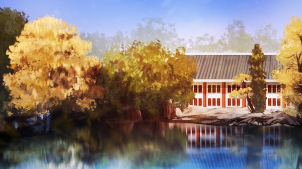 创意涂鸦风格古风建筑颐和园的初秋插画