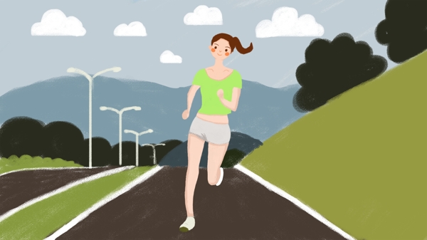 全动清晨公路运动跑步锻炼身体的女孩