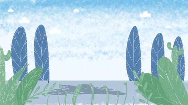 道路兩旁彩色植物藍(lán)色天空背景