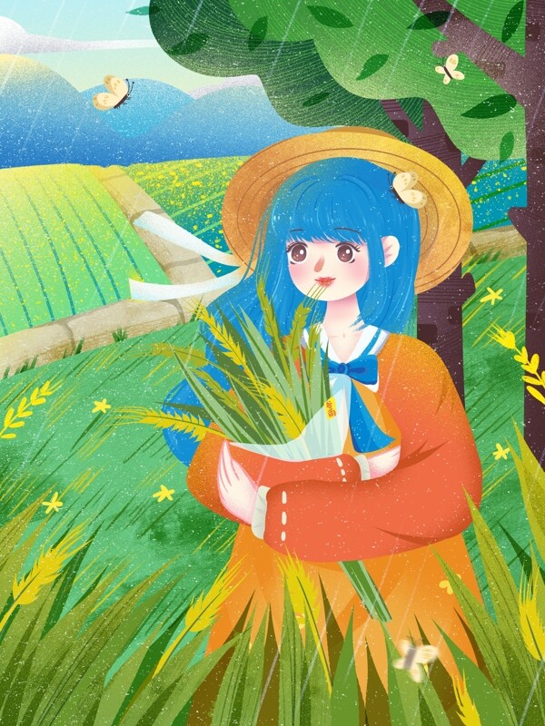 谷雨节气春天田间的女孩自然风景背景设计