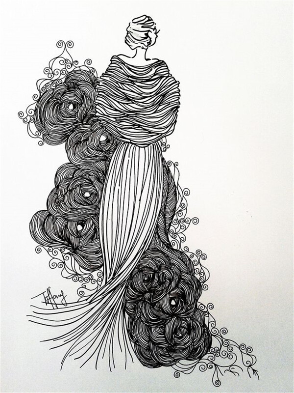 花朵长裙设计线稿图