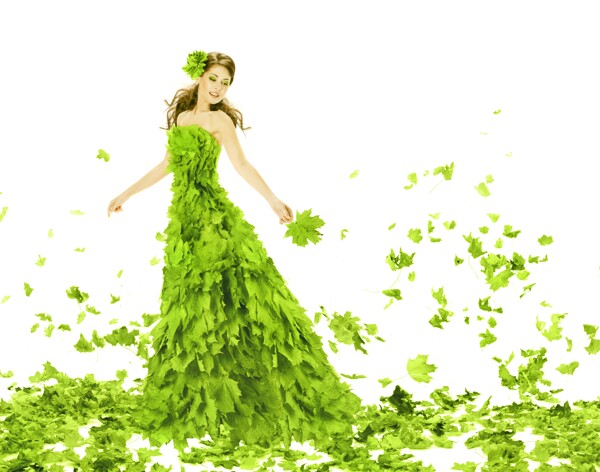绿叶长裙的美女