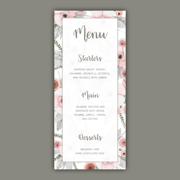 婚礼菜单模板与粉彩花卉