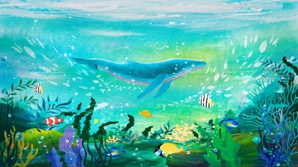 小清新世界海洋日海底世界手绘插画