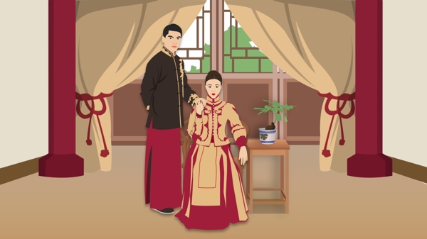 大气细腻写实复古中式婚礼邀请函插画