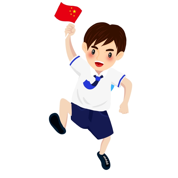 卡通开心拿着中国国旗的男孩子