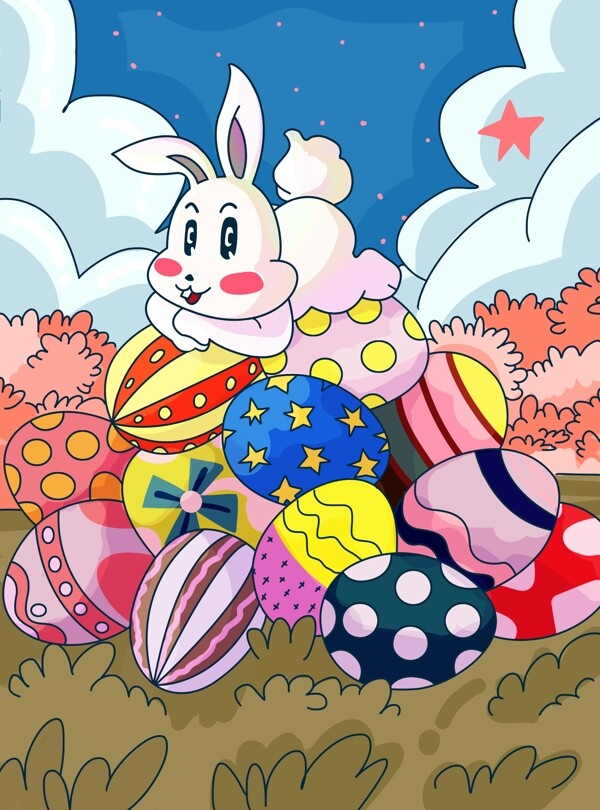 复活节卡通风彩蛋小白兔