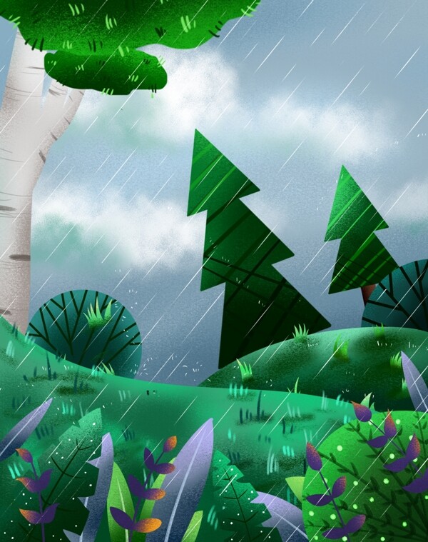 扁平夏季树林草地下雨背景设计