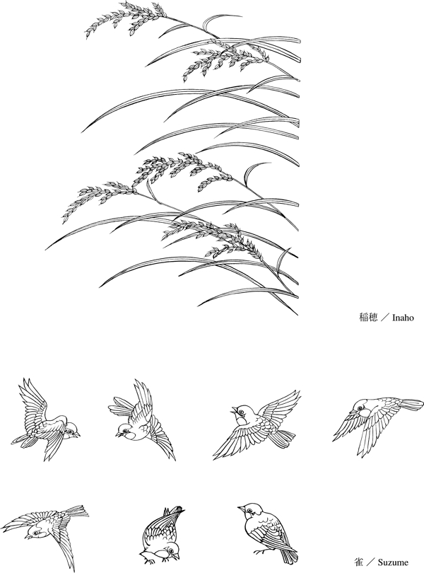 日本的植物花卉矢量素材33水稻制圖鳥