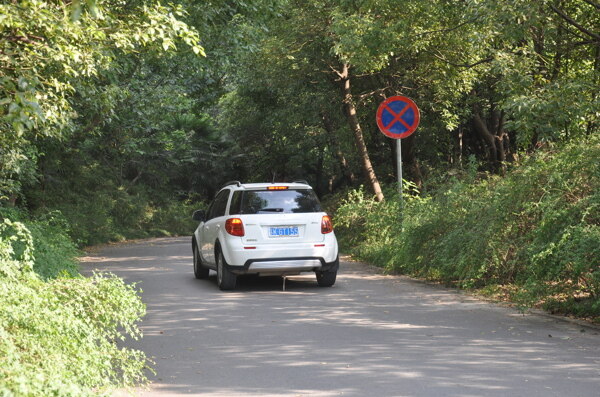 公路上的白色汽車圖片