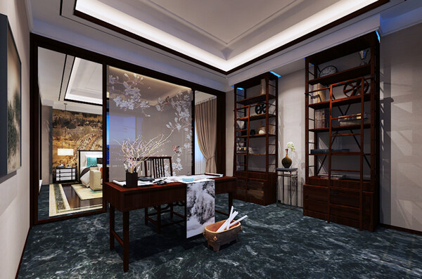 中式卧室书房3D效果图