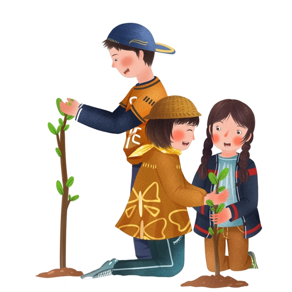 手绘可爱植树节种树的三个小孩