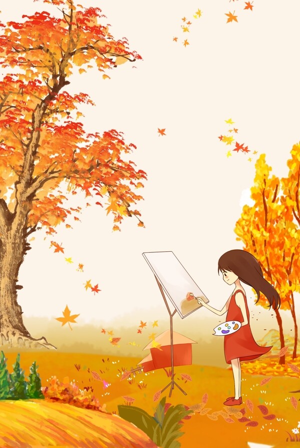 清新手绘秋季旅行户外写生的少女背景