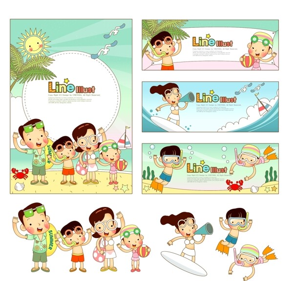 卡通游泳家庭矢量素材图片