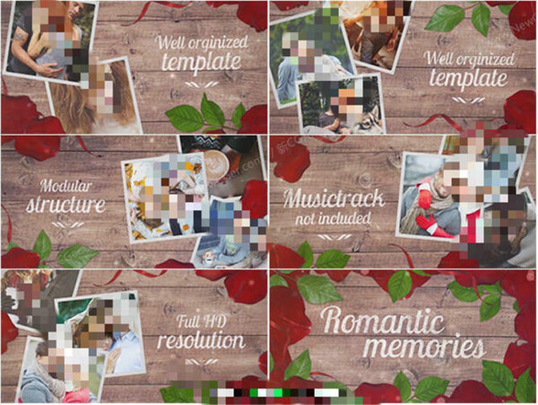 木板上被玫瑰花包围着的浪漫爱情回忆相册AE模板