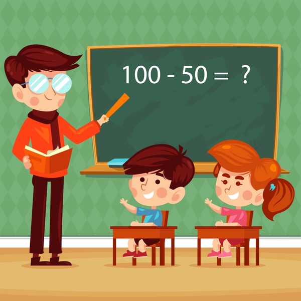 卡通课堂上的老师和儿童矢量图