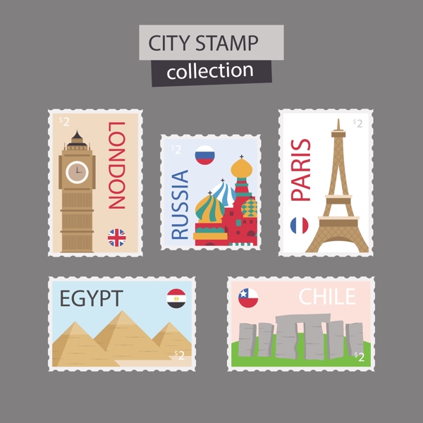 5款彩色世界标性旅游建筑邮票元素