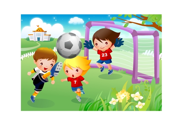 孩子们玩足球运动矢量素材