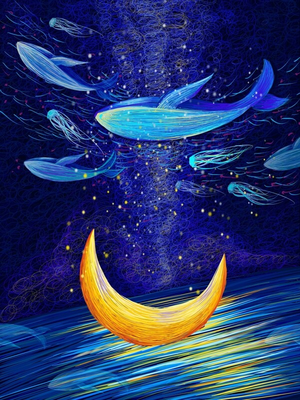 线圈风蓝色梦幻治愈系奇妙星空之月明时见鲸