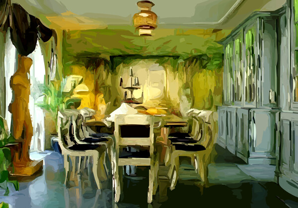 餐厅油画写生图片