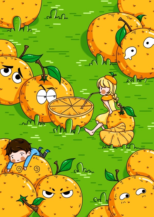 童年幻想橙子怪小孩原创插画手绘流行趋势