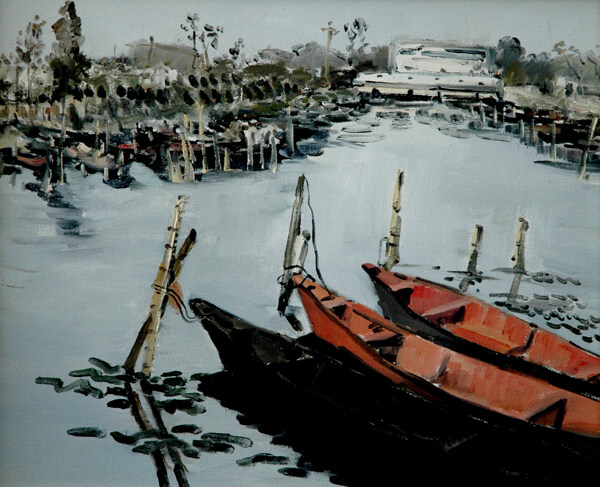 冰河上的木船油画图片