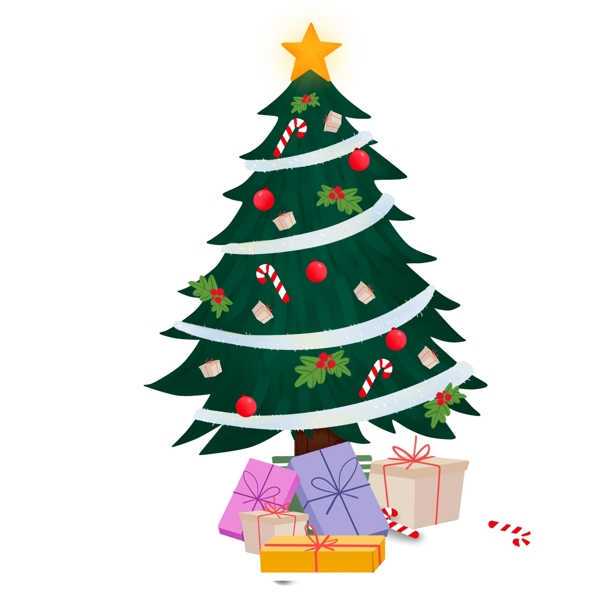 手绘圣诞树的一堆礼物元素