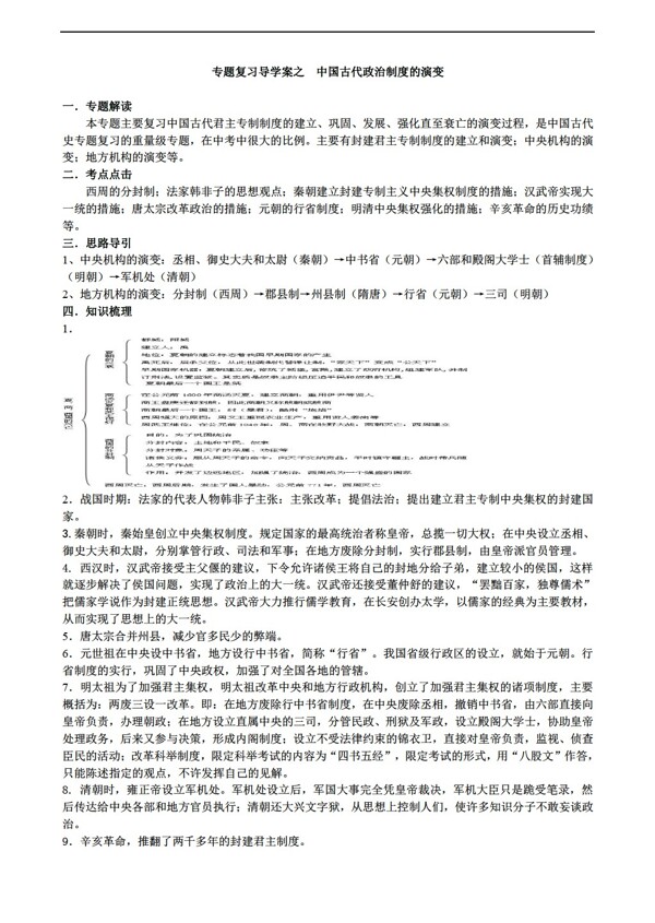 中考專區(qū)歷史二輪專題復(fù)習(xí)導(dǎo)學(xué)案中國古代政治制度的演變