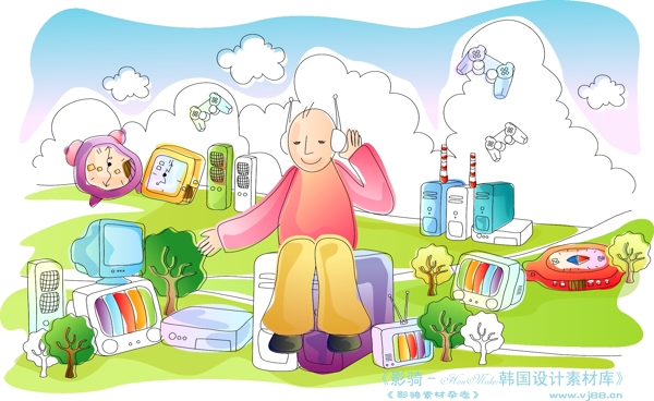 兒童線條插畫小孩游玩卡通童話韓國花紋時(shí)尚花紋底紋矢量素材矢量圖片HanMaker韓國設(shè)計(jì)素材庫
