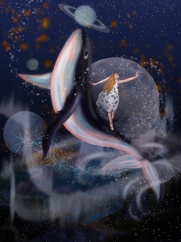 治愈系鲸鱼与女孩唯美插画星空宇宙星球极光