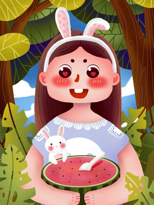 六月你好西瓜兔子可爱少女肌理森林植物