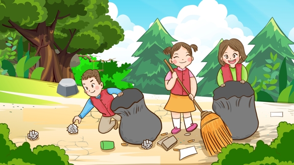 国际志愿者日志愿者们在树林里打扫卫生插画