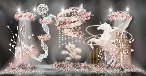 梦幻开放式舞台飞马花朵水晶球婚礼效果图