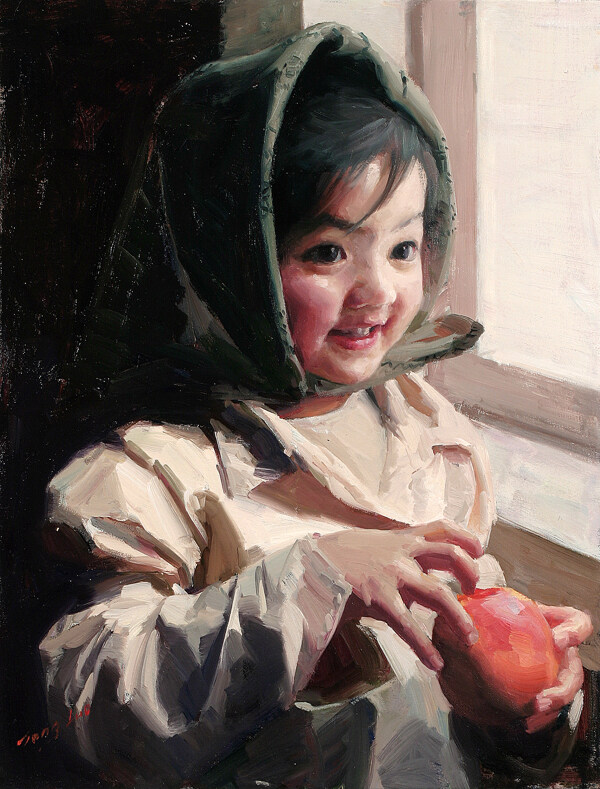 手拿苹果的小女孩肖像画图片