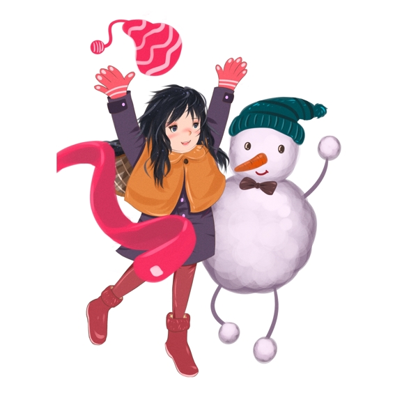 圣诞节卡通女孩和雪人元素