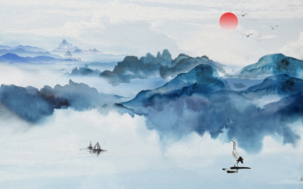 藍色山水水墨新中式玄關(guān)屏風(fēng)背景