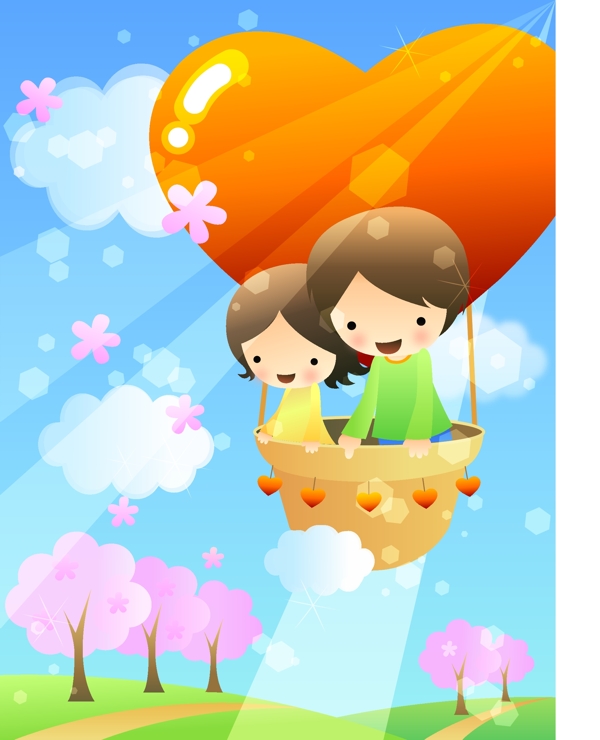 坐著心形熱氣球的兒童插畫