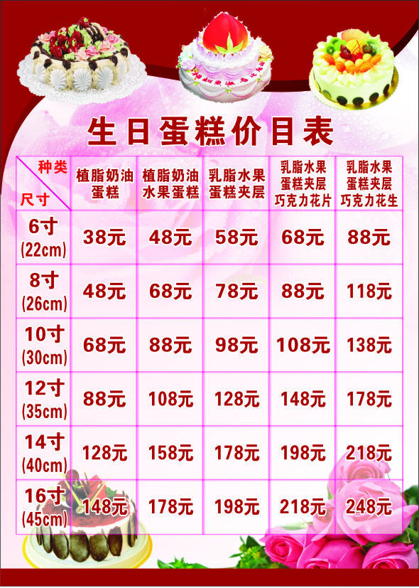 蛋糕價目表