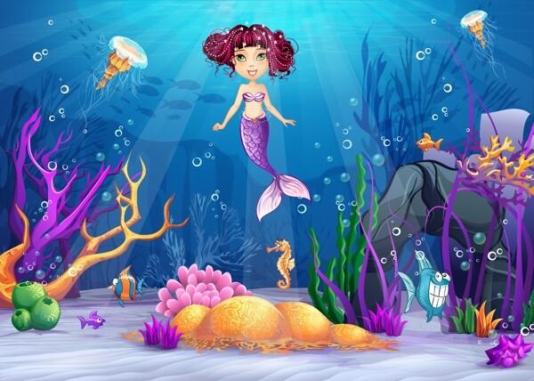 海底美丽可爱的美人鱼插画
