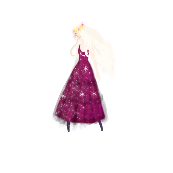 穿紫色裙子的白色长发少女卡通元素