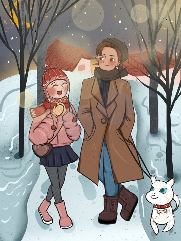 冬季情侣日常男孩和女孩遛狗温馨浪漫插画