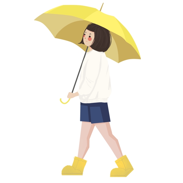 卡通小清新撑着黄色小伞的女孩子