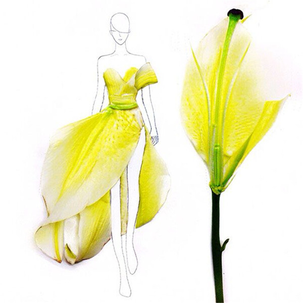 黄色花瓣灵感长裙设计图