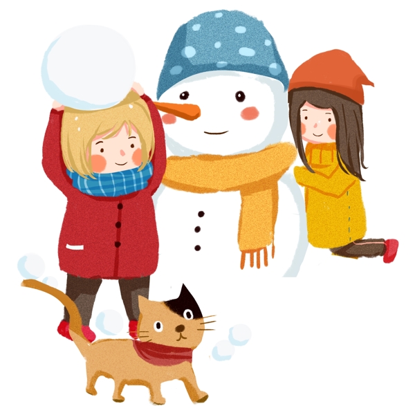 手绘冬天打雪仗堆雪人的儿童和小猫