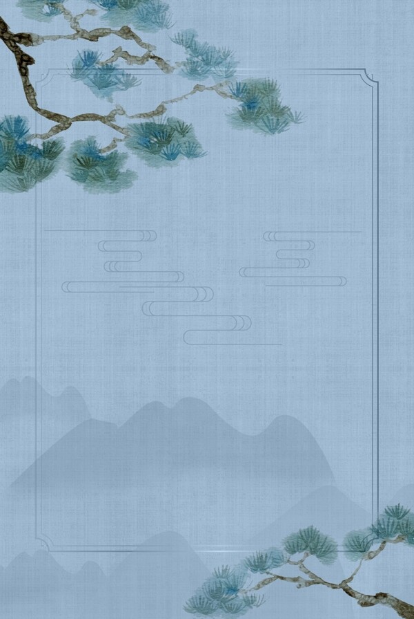 古典中国风远山松树工笔画传统海报