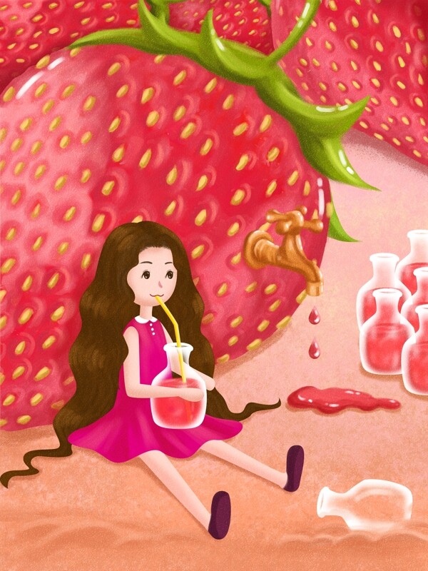 美味草莓女孩创意水果清新肌理插画