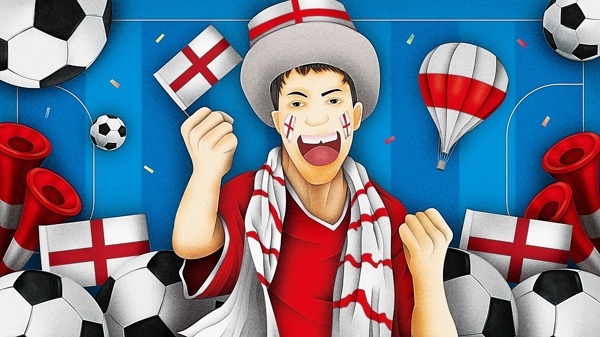 小清新足球世界英格兰队球迷国旗原创插画