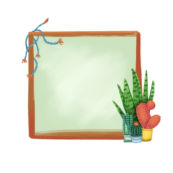 手绘植物叶子绿叶小花水彩水粉画边框可商用