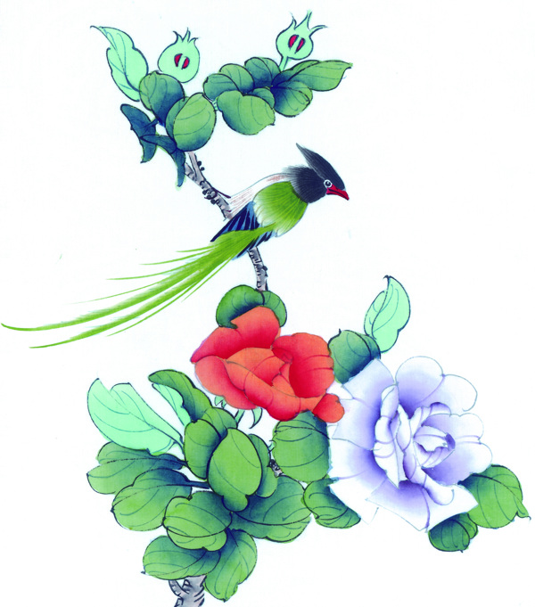 中國(guó)風(fēng)花喜鵲牡丹桃花芍藥小鳥中華藝術(shù)繪畫