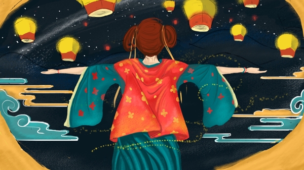 简约清新扁平风中秋节女孩许愿场景插画